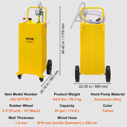 Heavy-Duty Gallon Fuel Caddy, Steel Gas Storage Tank with Manual Transfer Pump & Wheels, Gasoline Diesel Fuel Container