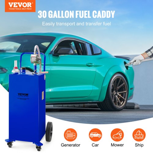 Fuel Caddy Gas Storage Tank with Wheels & Manual Transfer Pump, Gasoline Diesel Fuel Container for Cars, Lawn Mowers