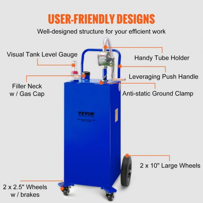 Fuel Caddy Gas Storage Tank with Wheels & Manual Transfer Pump, Gasoline Diesel Fuel Container for Cars, Lawn Mowers