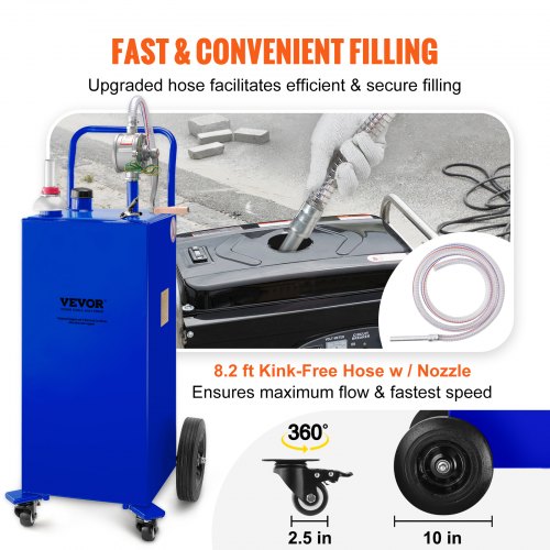 Fuel Caddy Gas Storage Tank with Wheels & Manual Transfer Pump, Gasoline Diesel Fuel Container for Cars, Lawn Mowers