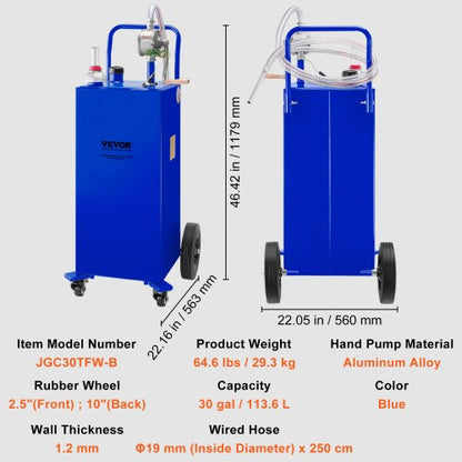 Fuel Caddy Gas Storage Tank with Wheels & Manual Transfer Pump, Gasoline Diesel Fuel Container for Cars, Lawn Mowers