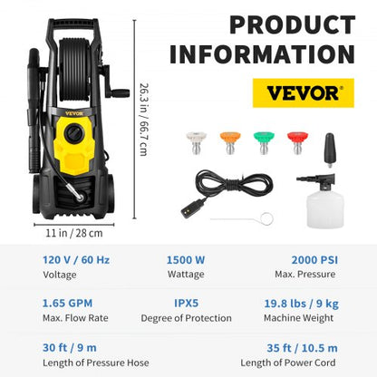 Electric Pressure Washer PSI, Max GPM Power Washer with Hose Reel, Quick Connect Nozzles & Foam Cannon