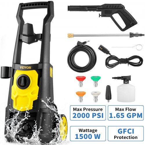 Portable 2000 PSI Electric Power Washer, 1.65 GPM High-Pressure Cleaner with 30 ft Hose, 5 Spray Nozzles & Foam Bottle