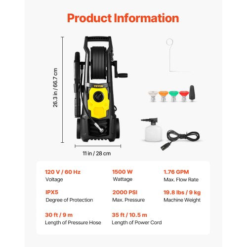 2000PSI 1.76 GPM Power Washer w/ 30 ft Hose, 5 Quick Connect Nozzles & Foam Cannon, Portable Electric Pressure Washer