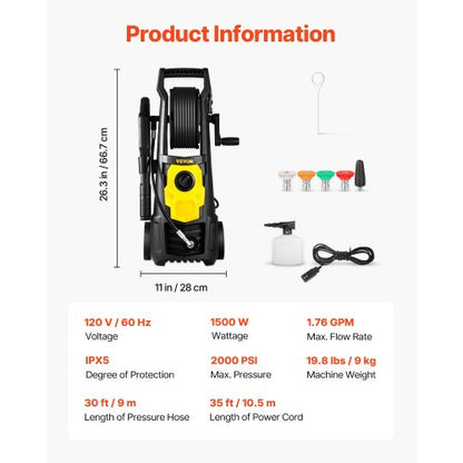 2000PSI 1.76 GPM Power Washer w/ 30 ft Hose, 5 Quick Connect Nozzles & Foam Cannon, Portable Electric Pressure Washer
