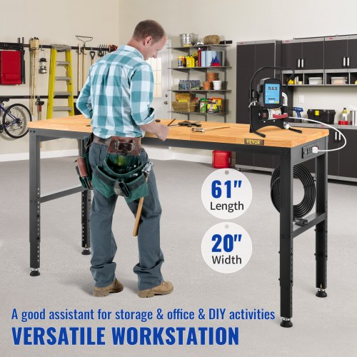 Adjustable Workbench 27136 Height 61 X 20 Hardwood Top 2000 LBS Load Capacity Power Outlets  USB Po 2