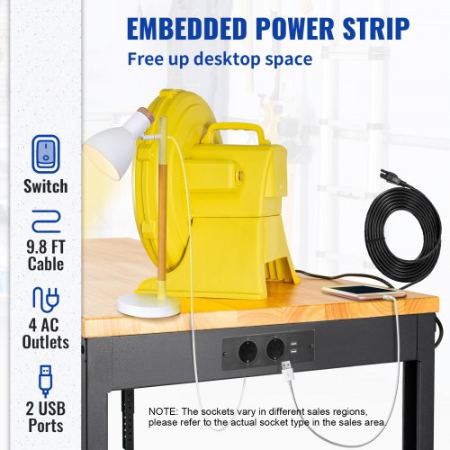 Adjustable Workbench 27136 Height 61 X 20 Hardwood Top 2000 LBS Load Capacity Power Outlets  USB Po 4