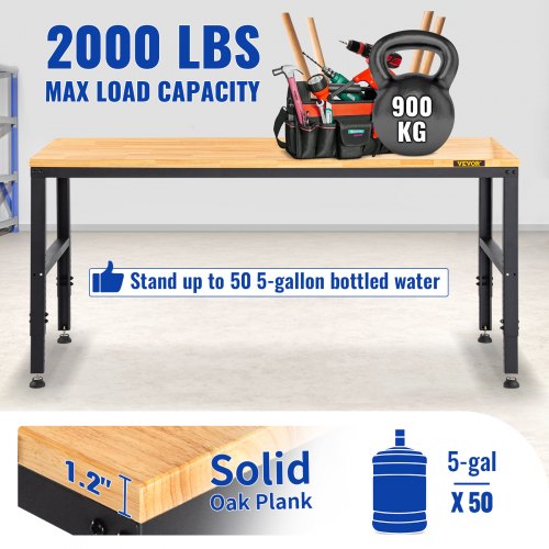 Adjustable Workbench 27136 Height 61 X 20 Hardwood Top 2000 LBS Load Capacity Power Outlets  USB Po 5