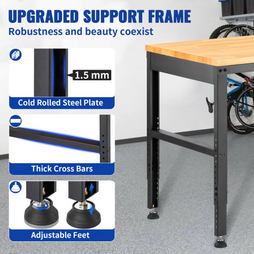 Adjustable Workbench 27136 Height 61 X 20 Hardwood Top 2000 LBS Load Capacity Power Outlets  USB Po 6