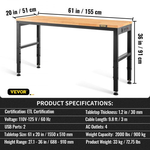 Adjustable Workbench 27136 Height 61 X 20 Hardwood Top 2000 LBS Load Capacity Power Outlets  USB Po 7