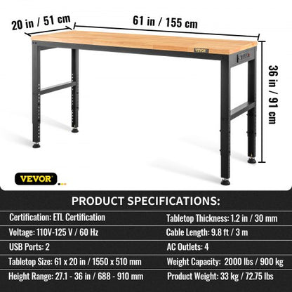 Adjustable Workbench 27136 Height 61 X 20 Hardwood Top 2000 LBS Load Capacity Power Outlets  USB Po 7