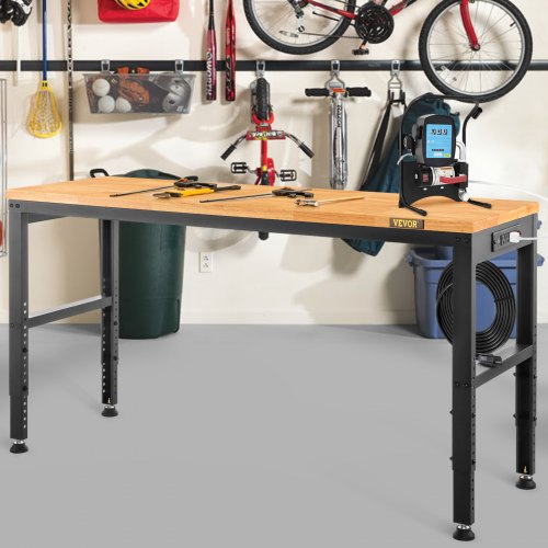 Adjustable Workbench 27.1"-36" Height, 61" x 20" Hardwood Top, 2000 LBS Load Capacity, Power Outlets & USB Ports
