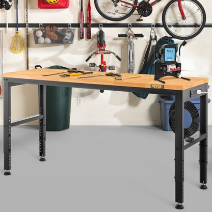 Adjustable Workbench 27.1"-36" Height, 61" x 20" Hardwood Top, 2000 LBS Load Capacity, Power Outlets & USB Ports