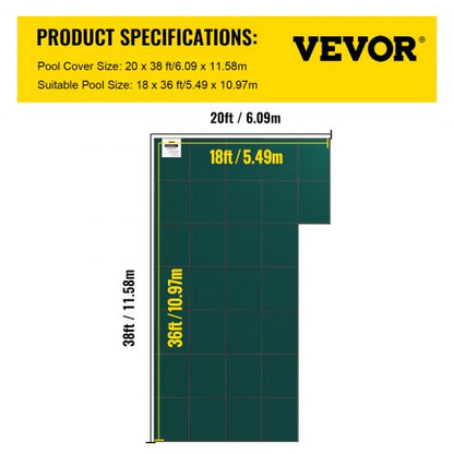 20x38 ft Rectangular Winter Pool Cover with Right Step, High-Strength Mesh PP Material, Triple-Stitched, Rain-Permeable
