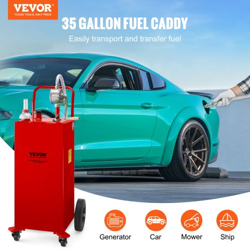 35 Gallon Fuel Storage Tank HeavyDuty Steel Gas Caddy W Manual Pump  4 Wheels Transport Gasoline 2