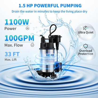 1.5 HP 6000 GPH Submersible Water Pump with Vertical Float Switch, Heavy-Duty Basement Sump Pump for Flooding Areas