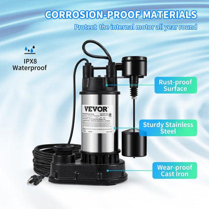 1.5 HP 6000 GPH Submersible Water Pump with Vertical Float Switch, Heavy-Duty Basement Sump Pump for Flooding Areas