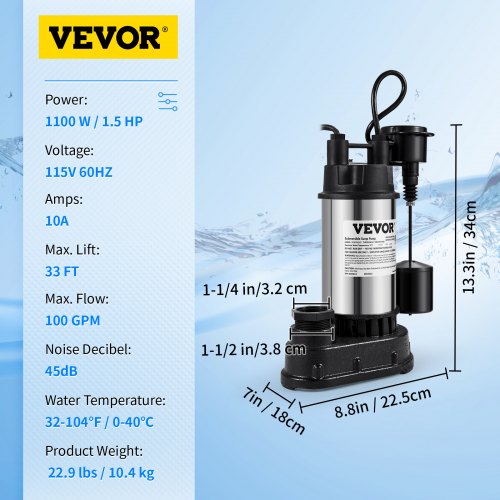 1.5 HP 6000 GPH Submersible Water Pump with Vertical Float Switch, Heavy-Duty Basement Sump Pump for Flooding Areas