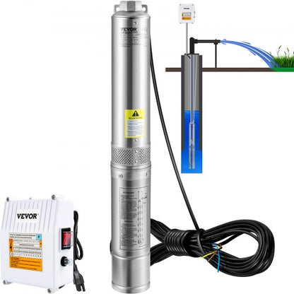 Deep Well Submersible Pump, Stainless Steel Water Pump, External Control Box, Waterproof for Home and Irrigation