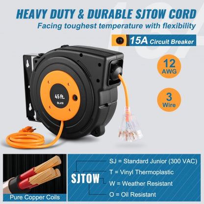Heavy Duty Retractable Extension Cord Reel Power Cord With Triple Outlet And Circuit Breaker For DI 2