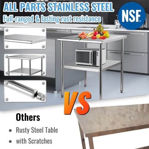 Stainless Steel Work Table Heavy Duty Metal Adjustable Undershelf  Feet Commercial Prep Table 7