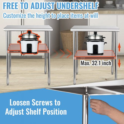 Stainless Steel Work Table Heavy Duty Metal Adjustable Undershelf  Feet Commercial Prep Table 4