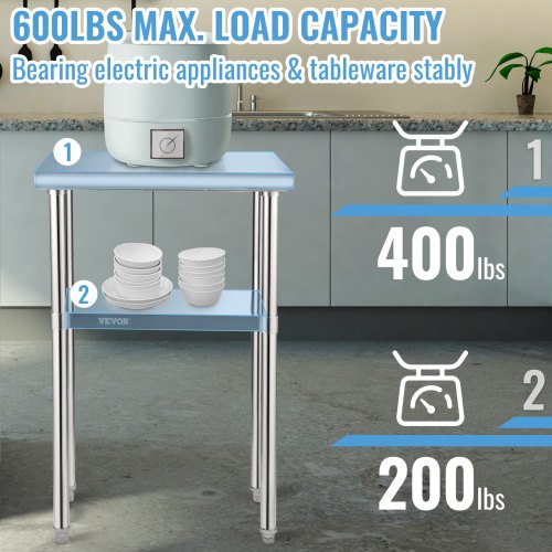 Heavy Duty Stainless Steel Prep Table Adjustable Undershelf 600lbs Load Capacity For Kitchen Restau 2