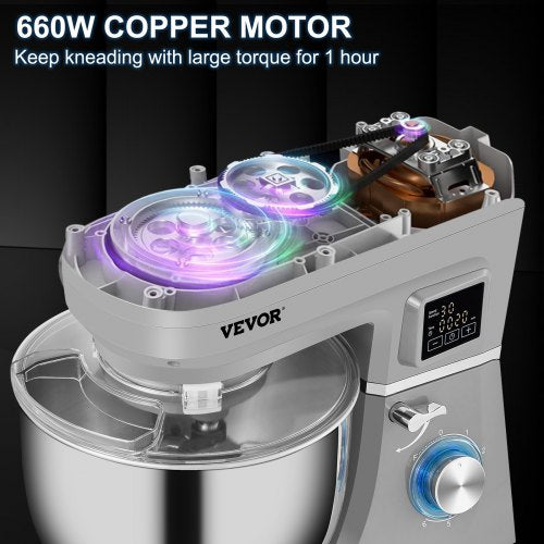 Electric Dough Mixer with Speeds & LCD Timer, Tilt-Head Food Mixer, Qt Stainless Steel Bowl, Dough Hook, Flat Beater