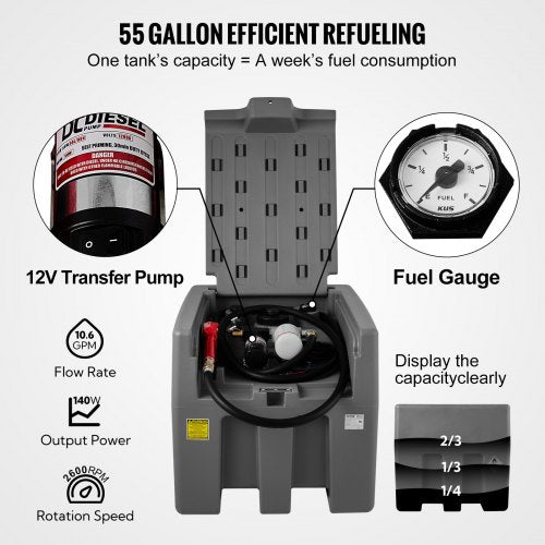 Portable Diesel Tank, GPM Flow Rate, Diesel Fuel Tank with Electric Transfer Pump, Rubber Hose, PE Diesel Transfer Tank