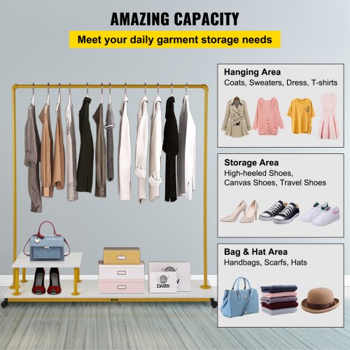 Heavy-Duty Clothing Garment Rack, Rolling Clothes Organizer w/Bottom & Side Shelf, Swivel Casters, Sturdy Steel Frame