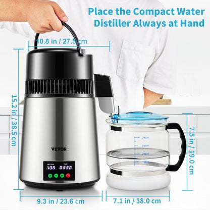 Water Distiller, Distilled Water Maker Machine with Timing & Temperature Display, Stainless Steel Countertop Distiller