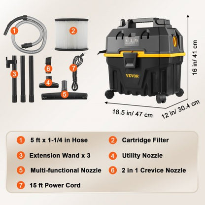 Wet Dry Vac Gallon, Peak HP, Shop Vacuum with Blowing Function & Portable Attachments, Clean Floor, Upholstery, Gap, Car