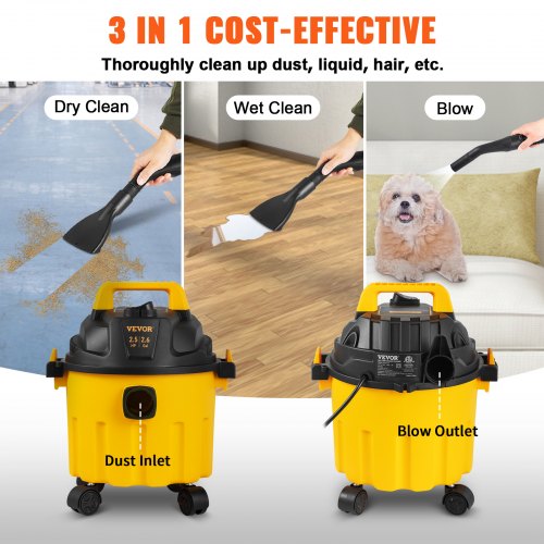 Portable Wet Dry Vac Gallon Peak HP, Shop Vacuum & Blower with Attachments for Car, Floor, Upholstery & Gap Cleaning