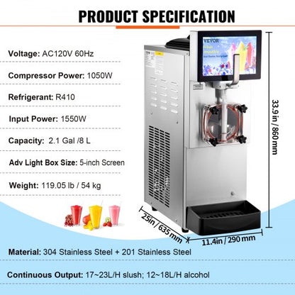 Commercial Slushy Machine Single Bowl, Stainless Steel Margarita Smoothie Frozen Drink Maker with Cool & Freeze Modes