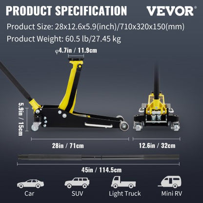 Low Profile Aluminum & Steel Racing Floor Jack, Dual Pistons Quick Lift Pump, Lifting Range