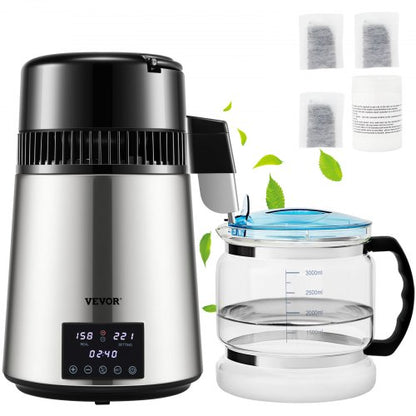 Distilled Water Maker Machine, Dual Temp Display, Stainless Steel, with Glass Carafe, Cleaning Powder, and Carbon Packs