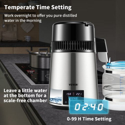 Distilled Water Maker Machine, Dual Temp Display, Stainless Steel, with Glass Carafe, Cleaning Powder, and Carbon Packs