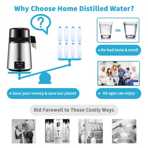 Distilled Water Maker Machine, Dual Temp Display, Stainless Steel, with Glass Carafe, Cleaning Powder, and Carbon Packs