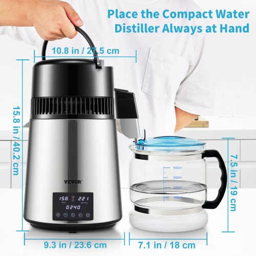 Distilled Water Maker Machine, Dual Temp Display, Stainless Steel, with Glass Carafe, Cleaning Powder, and Carbon Packs