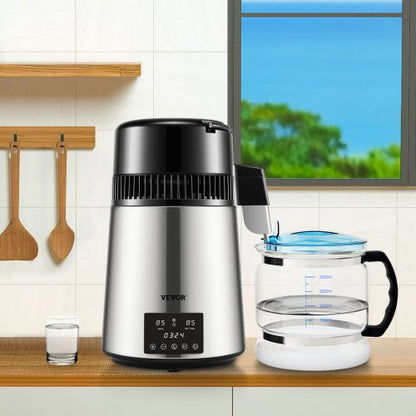 Distilled Water Maker Machine, Dual Temp Display, Stainless Steel, with Glass Carafe, Cleaning Powder, and Carbon Packs