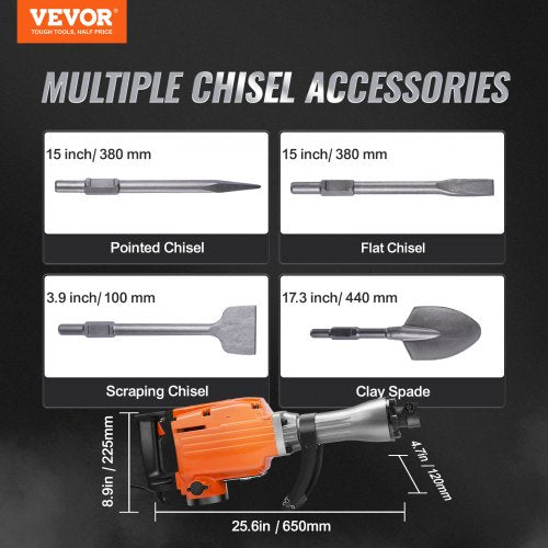 Heavy Duty Electric Jack Hammer  BPM Concrete Breaker With Chisels Rotating Handle Vibration Absorb 7