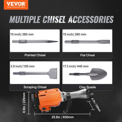 Heavy Duty Electric Jack Hammer  BPM Concrete Breaker With Chisels Rotating Handle Vibration Absorb 7