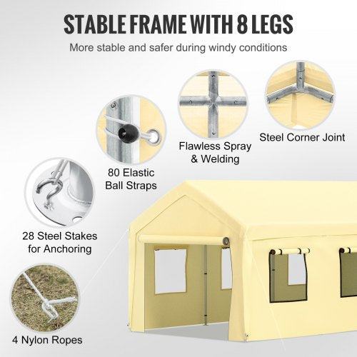 Heavy Duty Car Canopy With Legs Sidewalls Windows Yellow Adjustable Peak Height Car Garage Tent For 6