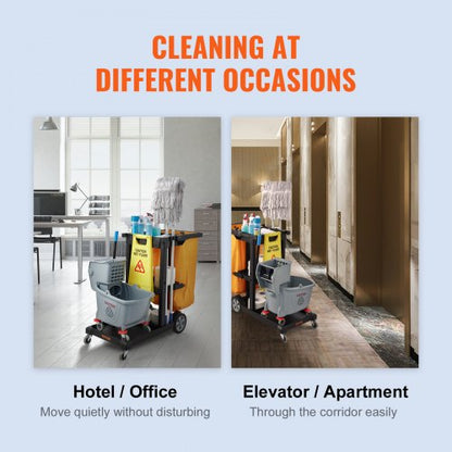 Cleaning Cart With PVC Bag Shelf Plastic Janitorial Trolley High Lbs Capacity Housekeeping Cart 6