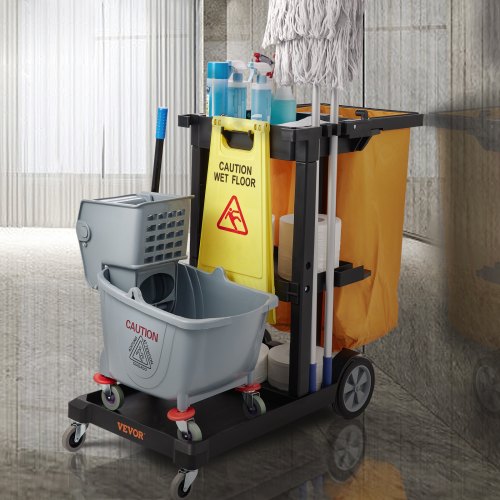 Cleaning Cart With PVC Bag Shelf Plastic Janitorial Trolley High Lbs Capacity Housekeeping Cart 5