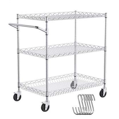 Metal Service Cart on Wheels, Kitchen Utility Cart with High Capacity, Wire Rolling Cart, Adjustable Shelves and Hooks