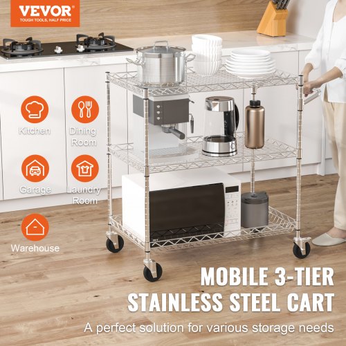 Metal Service Cart On Wheels Kitchen Utility Cart With High Capacity Wire Rolling Cart Adjustable S 3