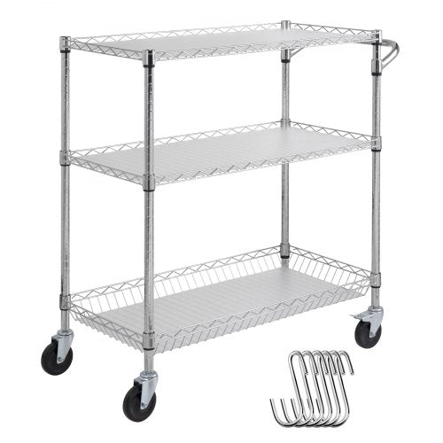 Metal Rolling Cart with Tiers, High LBS Capacity Steel Service Cart on Wheels, Adjustable Shelves, with Hooks