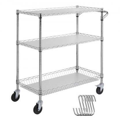 Metal Rolling Cart with Tiers, High LBS Capacity Steel Service Cart on Wheels, Adjustable Shelves, with Hooks