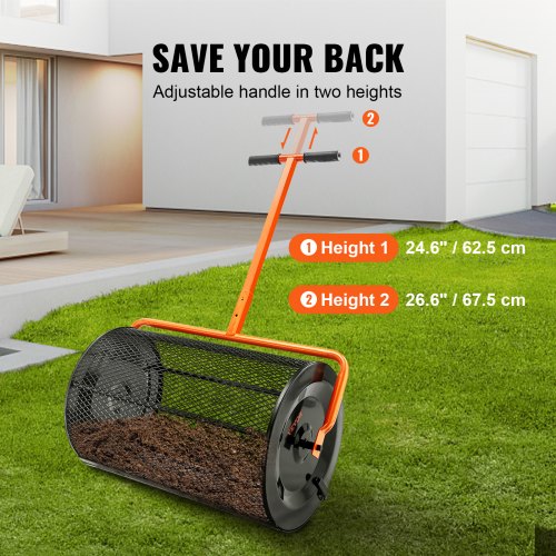 Compost Spreader Height Adjustable Handle Lawn And Garden Peat Moss Roller Black Steel Mesh Basket